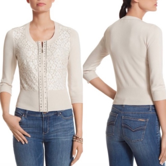 White House Black Market Sweaters - WHITE HOUSE BLACK MARKET Lace Studded Zip Cardigan